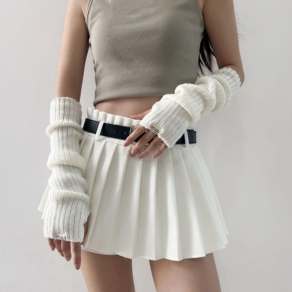 Y2K Girls Sweet Solid Knitted Arm Warmers Harajuku Long Sleeve Fingerless Gloves 2024 Autumn Fashion New Korean Gothic JK Mitten