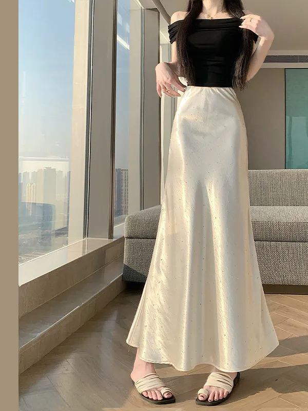 

Элегантная атласная юбка-русалка женская летняя драпированная полудлинная с блестящими стразами, с завышенной талией, шелковистая, комфортная посадка