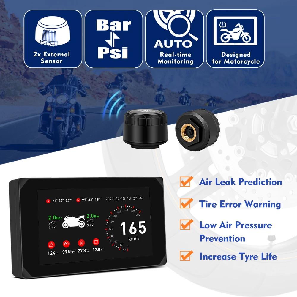 VSYS-Impermeável Motocicleta DVR CS5 Carplay sem fio, Android Auto TPMS, Câmeras 1080P frontal e traseira, Bluetooth, WiFi, navegação GPS