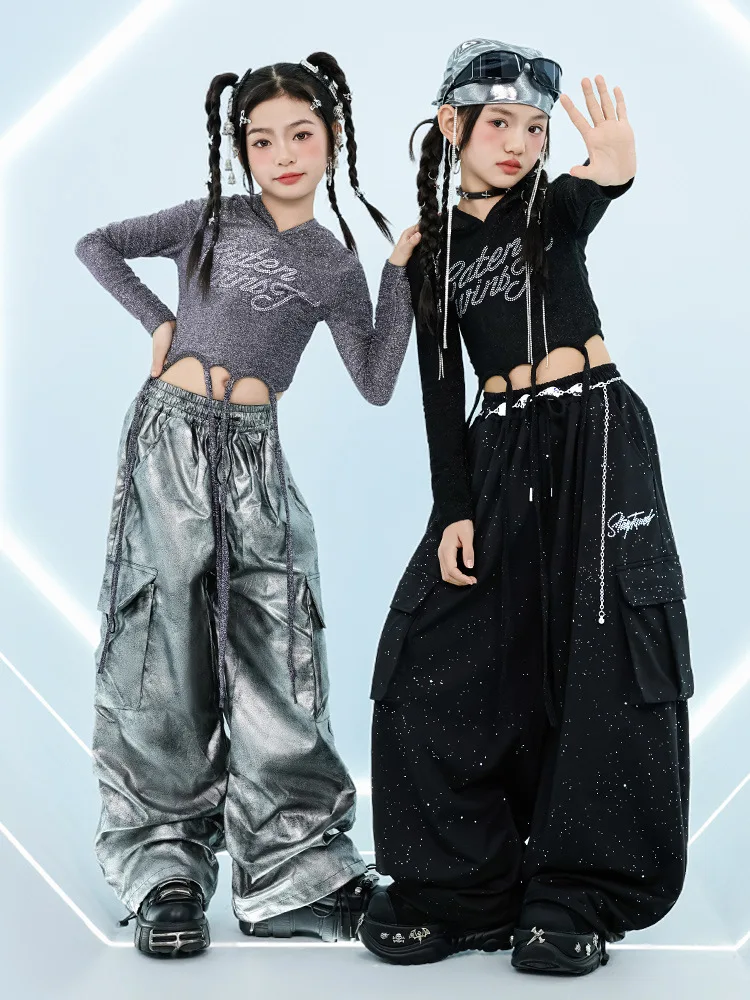 

Детская одежда в стиле хип-хоп Kpop, черная укороченная толстовка на шнуровке, футболка, серебряная футболка с галстуком-красителем, парашютные брюки-карго для девочек, танцевальные костюмы, одежда