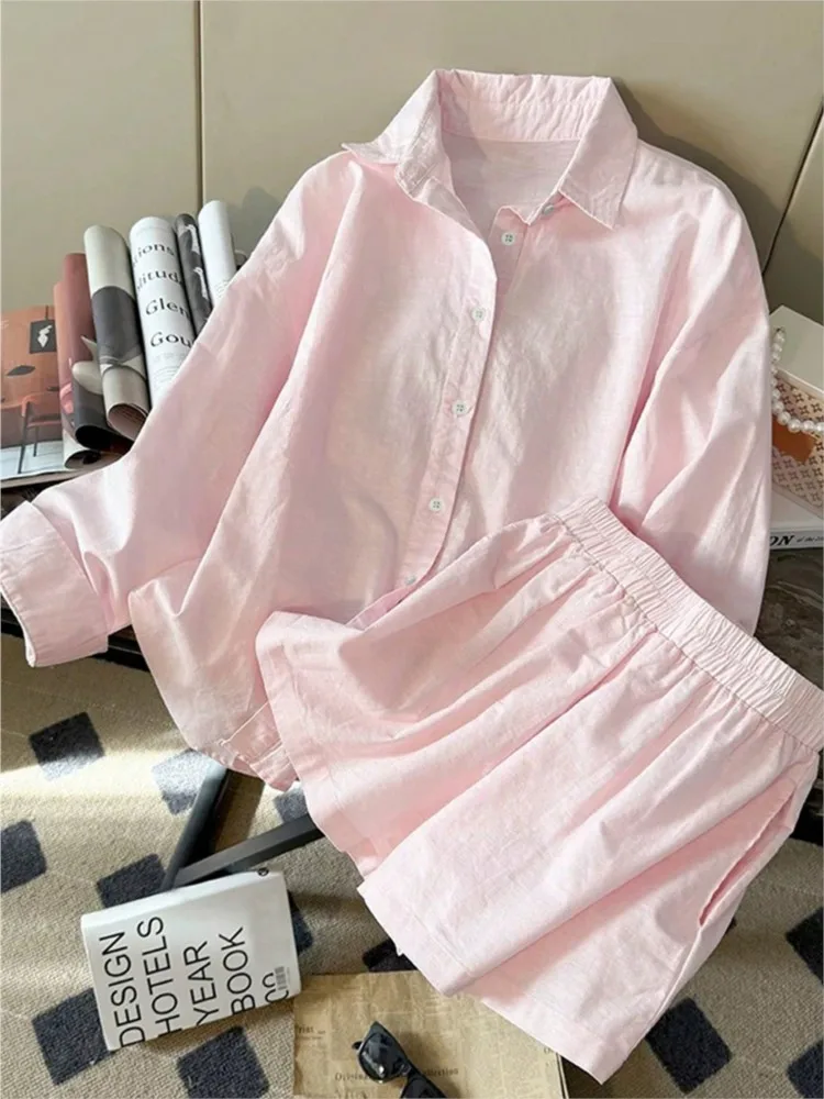 

Autumn Long-sleeve Shirt Shorts Set Fashion Elegant Casual Solid Turn-down Collar Button Holiday Party Two Piece Outfits Woman
