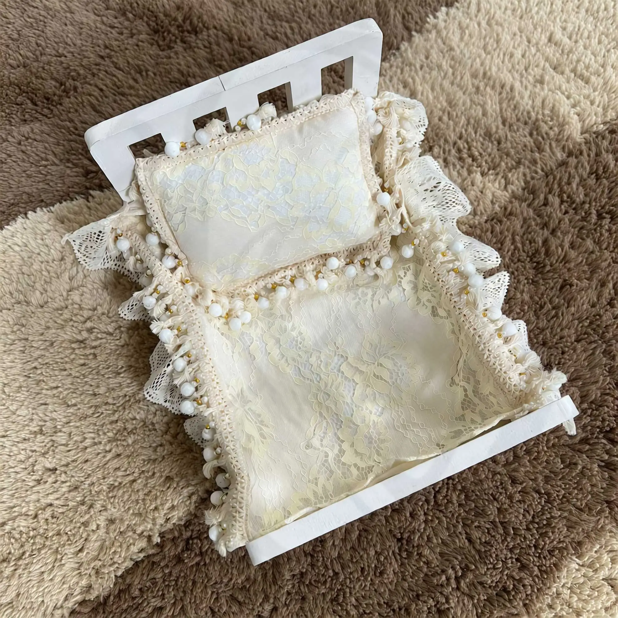 Don&Judy Crochet Tassel Blanket and Pillow 2-Piece Set for Newborn Photography Props for Accessories Newborn Photography Studio