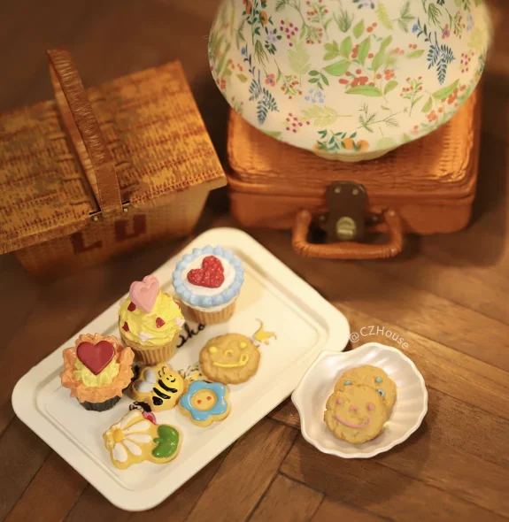 1/6 Scale Miniature Dessert Collection: Heart Cake, Churros, Smile Cookies Soda Bottle & Tiny Bear for BJD Dollhouse Party Scene
