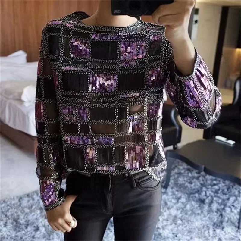 2024 Autumn Runway Women Plaid Sequined Blouse Purple Shiny Long Sleeve Spring Summer Blouses Shirt Woman Beading Party Tops