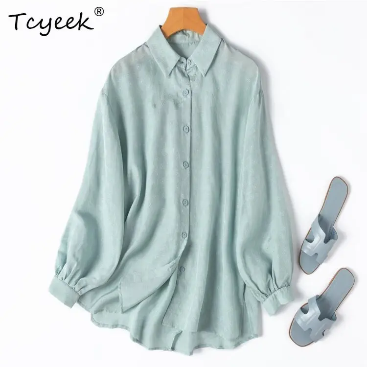 

Tcyeek 50% Mulberry Silk 50% Cotton Shirt Elegant Shirts for Women Summer Clothes Loose Fit Ladies Tops Long Sleeve Топ Женский
