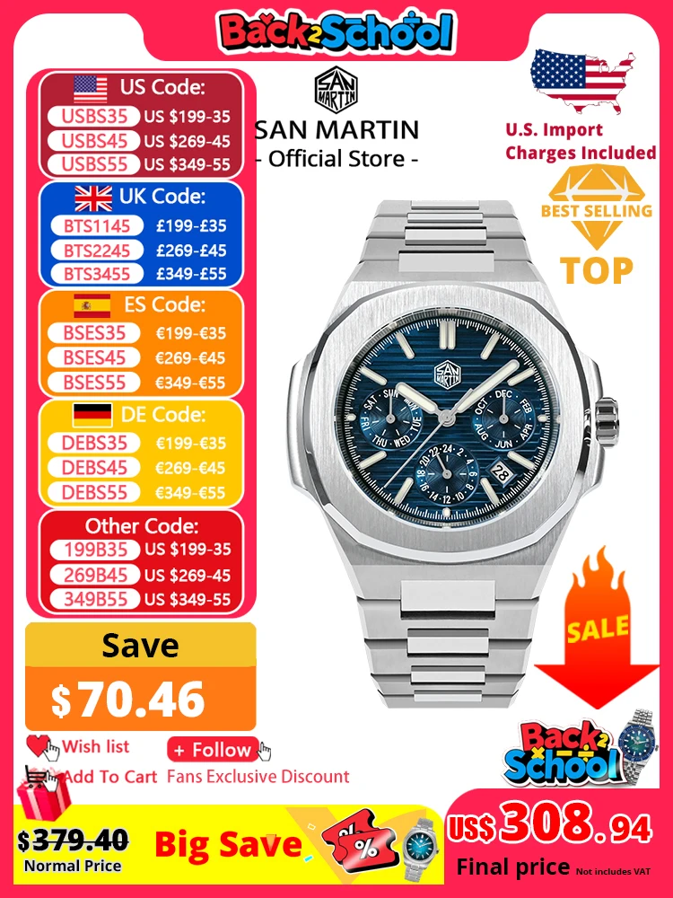 

San Martin 43mm Miyota 9120 Multi-function Men Luxury Dress Watch Waffle Texture Dial Business Automatic Mechanical 10Bar BGW-9