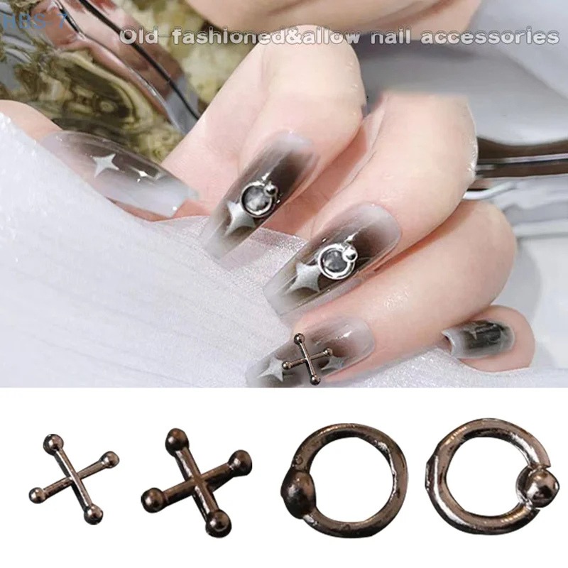 【HBS-7】100pcs Mini Alloy Cross Circle Nail Art Charm 3D Small Chrome Nail Decoration Jewelry Punk Design Nail Accessories