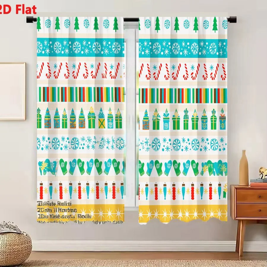 2Pcs Curtains 2D Flat Colorful Christmas Pattern With Pine Trees Snowflakes Candy Canes Gifts Mittens Lights And Stars For Holid