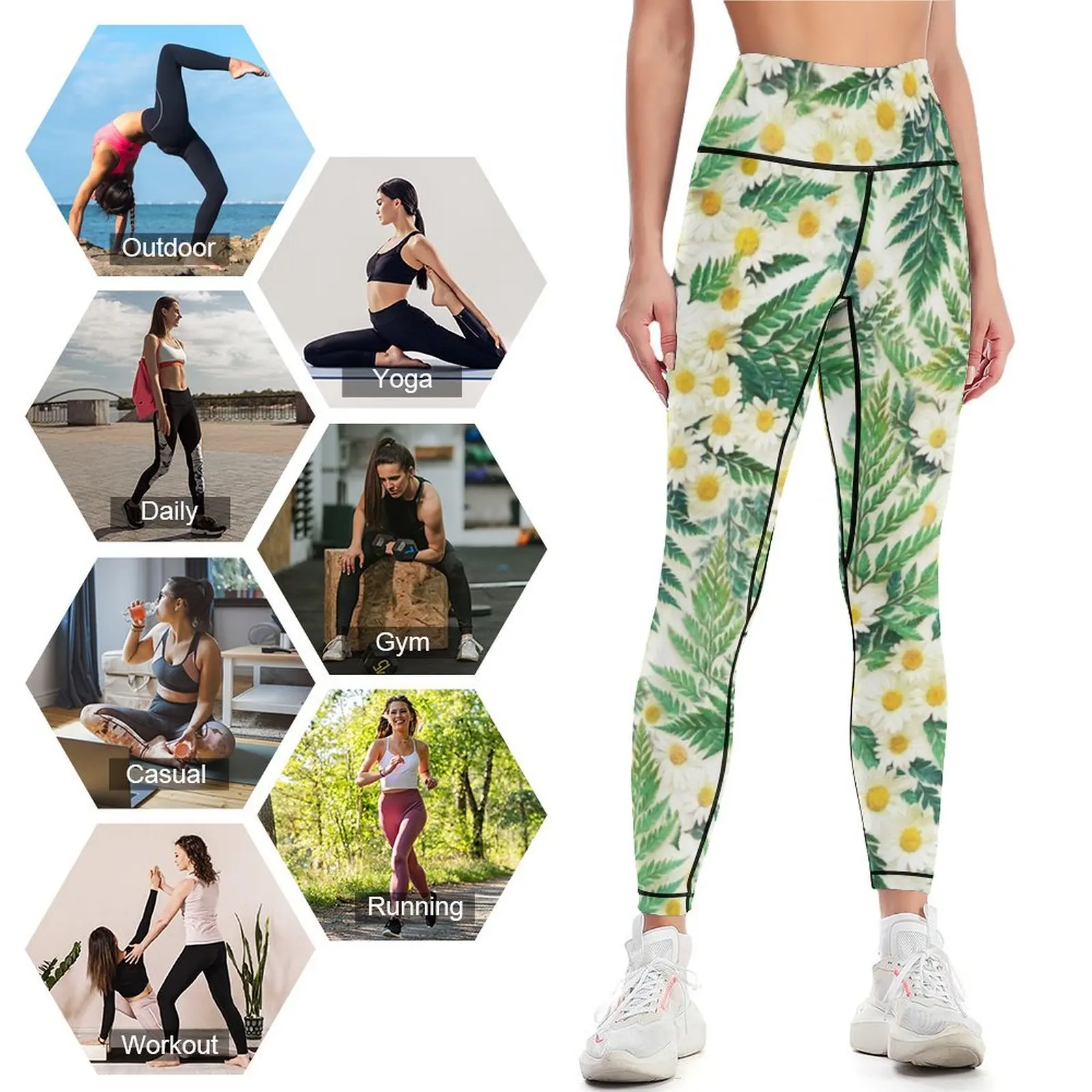 Textured Vintage Daisy and Fern Pattern Leggings Jogger pants gym pants harem pants Fitness clothing Womens Leggings