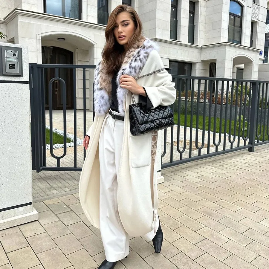 معطف صوف للسيدات معطف فرو أبيض دافئ بياقة فرو الثعلب الحقيقي سترة من الفرو الطبيعي معاطف طويلة للنساء