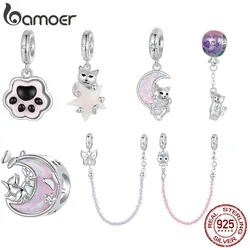 Bamoer Original 925 Sterling Silver Cute Cat Claw Star Opal Moon Eye Chain Charm Pendant For Women Party Daily Gift Fine Jewelry