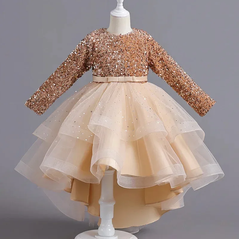

Flower Girls Princess Sequins Baby Wedding Christmas Party Trailing Dress Children Kids Elegant Vestidos Clothes for 3-12Years