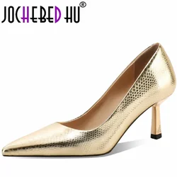 【JOCHEBED hu】 women czółenka z prawdziwej skóry spiczasty palec 6.5CM buty na cienkich wysokich obcasach sukienka na imprezę bal buty codzienne kobiety duży rozmiar 33-43