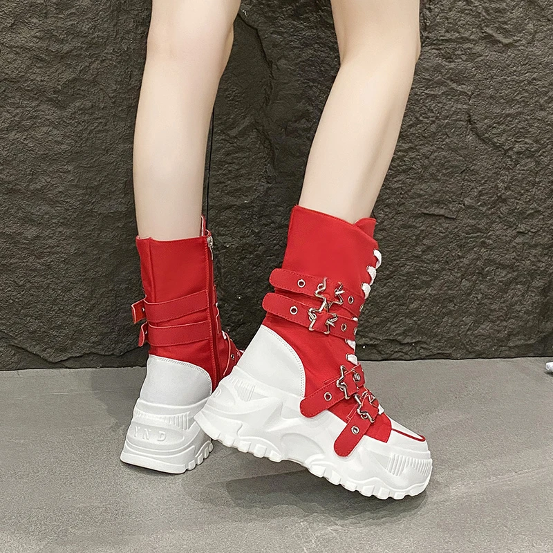 White Trendy Boots Women High Top Sneakers Platform Zip Ankle Boots Femme Chaussures Femmes Height Increase Outdoor Sports Shoes