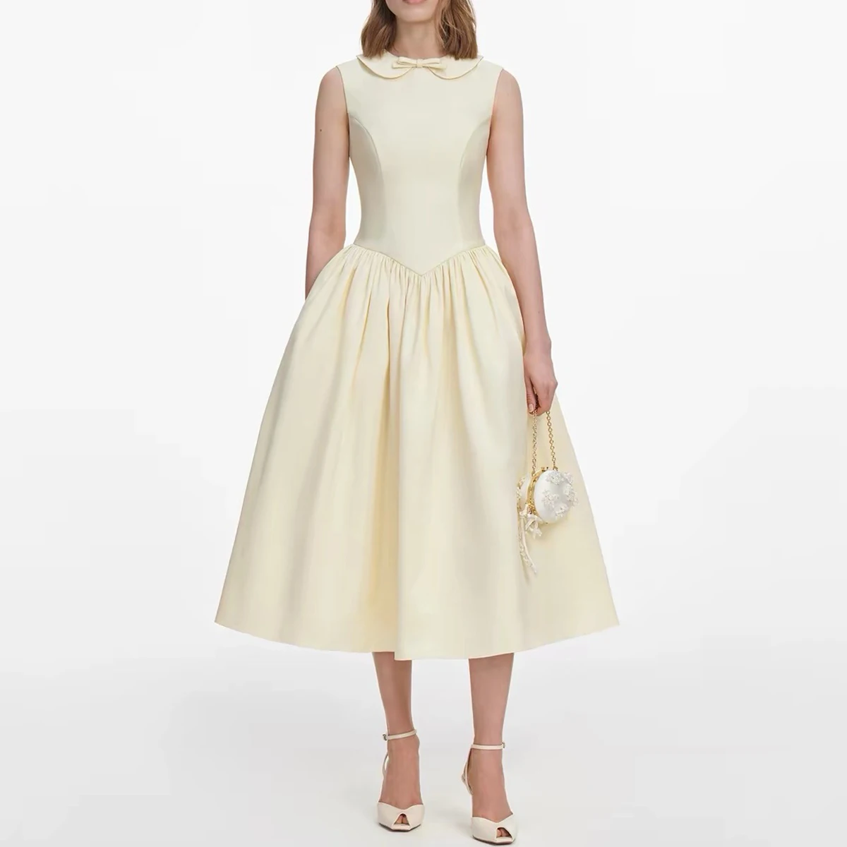 Women Vintage Peter Pan Collar Bow Sleeveless Dress High Waist A Line Skirt Elegant Formal Party Wedding Guest Midi Gown