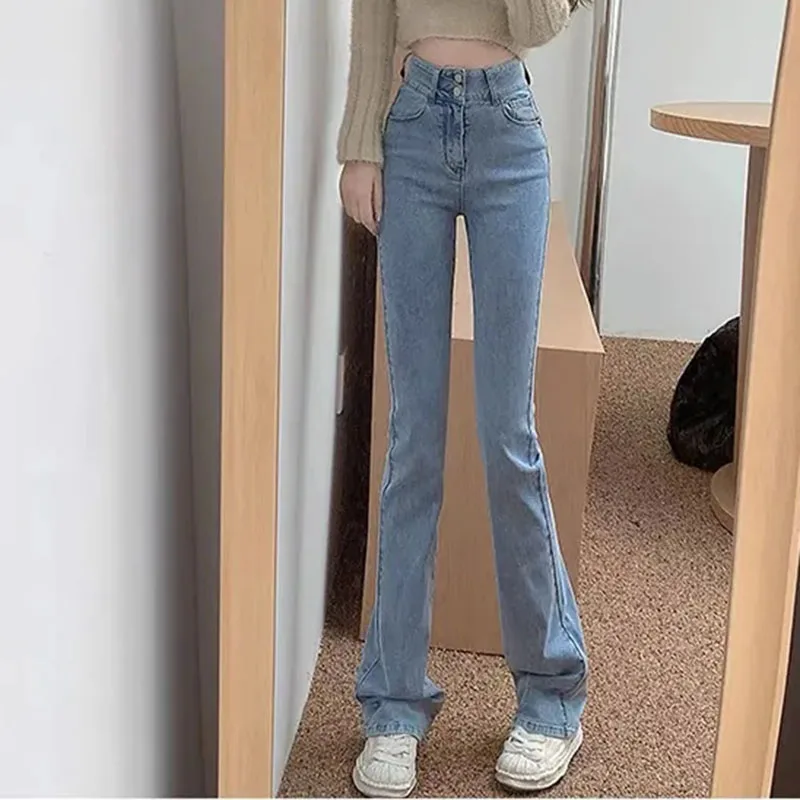 

Female Solid Color High Waisted Wide Legs Flared Cowboy Trousers Women Spring Attire High Waisted Versatile Micro Flared Jeans