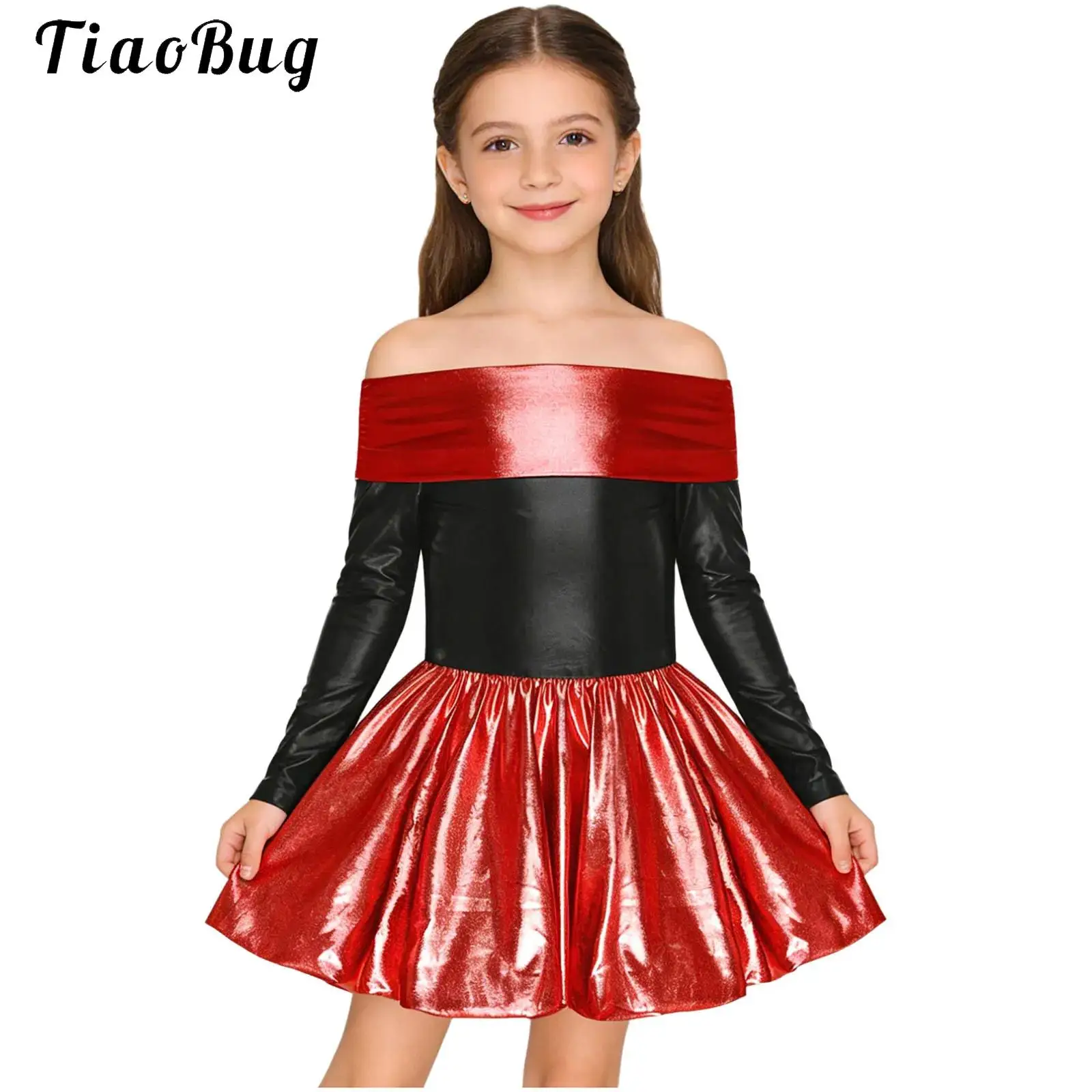 

Kids Girls Color Blocking Metallic Shiny Dress Off The Shoulder Long Sleeve Puff Hem A-line Dress Stage Performance Homecoming