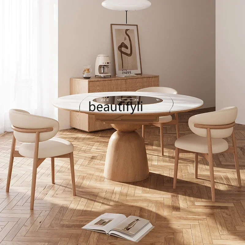 

Cy Folding Table Solid Wood Dining Table Embedded Turntable Induction Cooker Dual-purpose Retractable Rock Slab