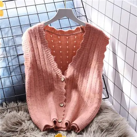 Yellow Knitted Loose Women's Vest 2023 Early Autumn Korean Version V-Neck Ladies Sweater Casual Style Pure Color Short Length