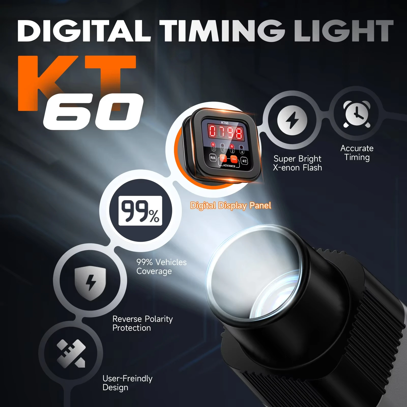 KZYEE KT60 Digital Engine Timing Light Test 12V 2&4 Stroke Petrol Engine Calibrate Ignition Timing Tool for Car Motorcycle