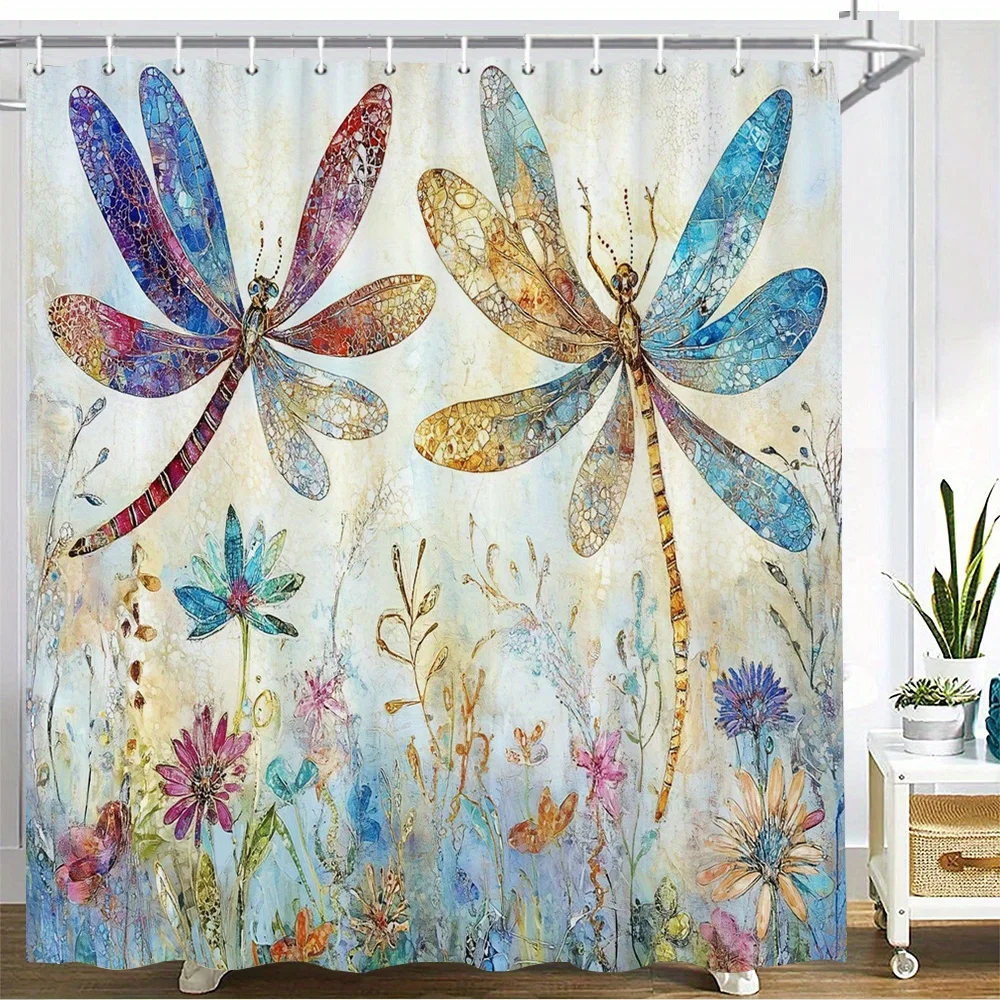 Vibrant Dragonfly and Wildflower Mural Shower Curtain for Bathroom Decor - Nature Art Shower Curtain