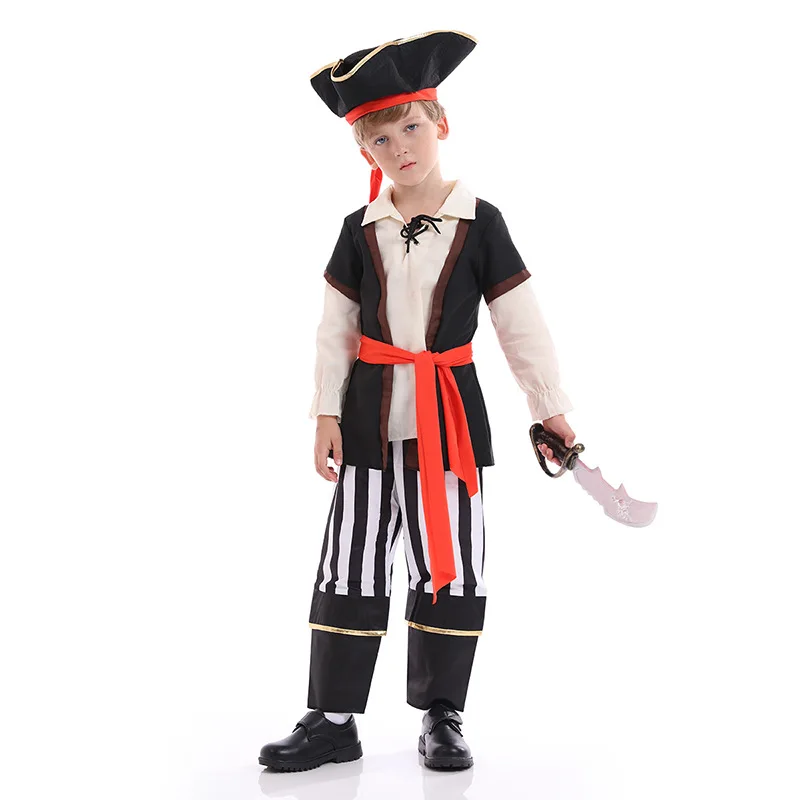 Caribbean Halloween red pirate Cosplay Black Suit Costumes Carnival Party for kid Ocean Captain