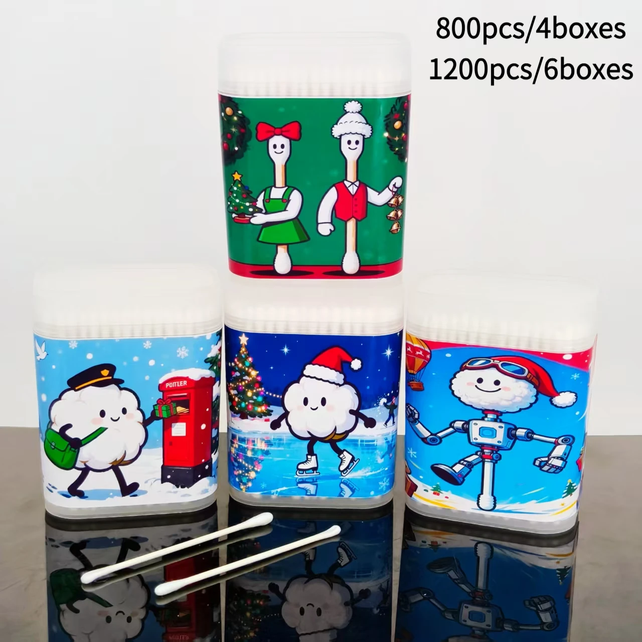 800 قطعة/1200 قطعة عيد الميلاد موضوع تصميم غرامة محور أعواد قطنية عصا فرك صندوق عطلة هدية أعواد قطنية