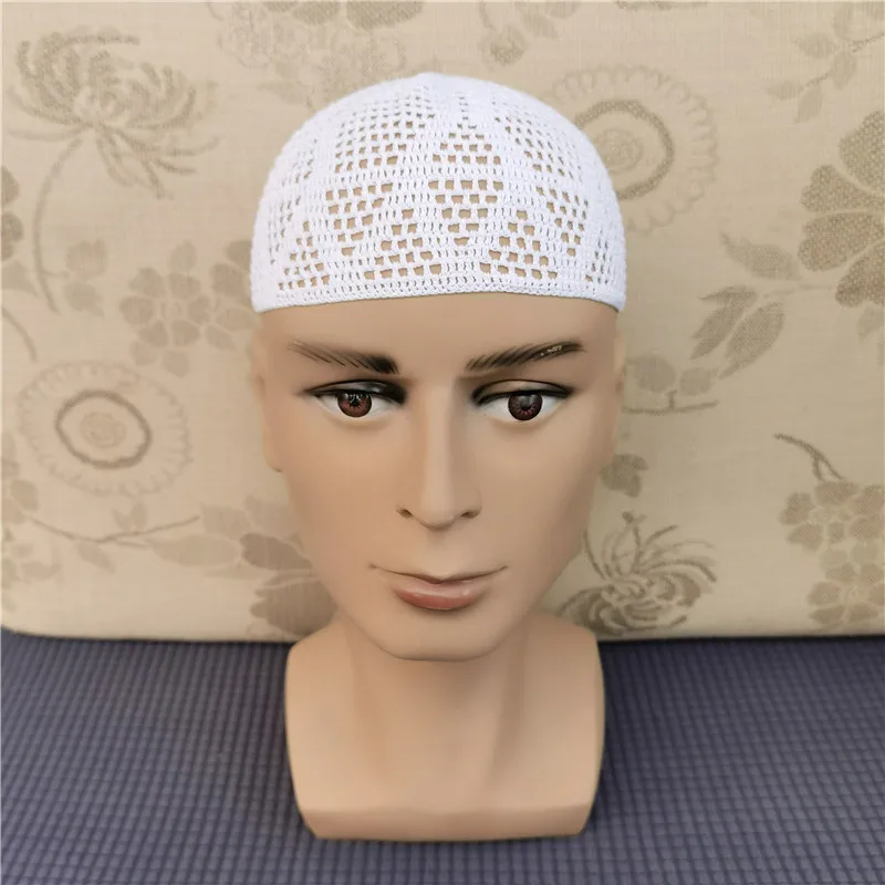 New Summer White Pure Handmade Hooked Prayer Hat Prayer Saudi Arabian Men\'s White Knitted Hat Wrapped with Headband as BottomHat