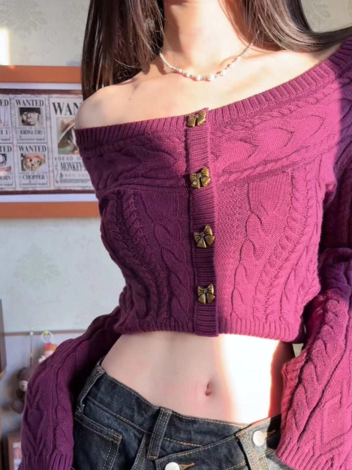

Retro Purple Bell Sleeve Knitted Open Cardigan Women's Spring Design High-End Slim Fit Personality Small Top Sweet Style