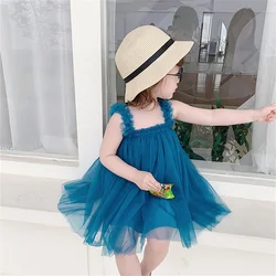 Summer children's clothing girl's suspender skirt children's ear shoulder mesh lace pleated children's skirt princess skirt