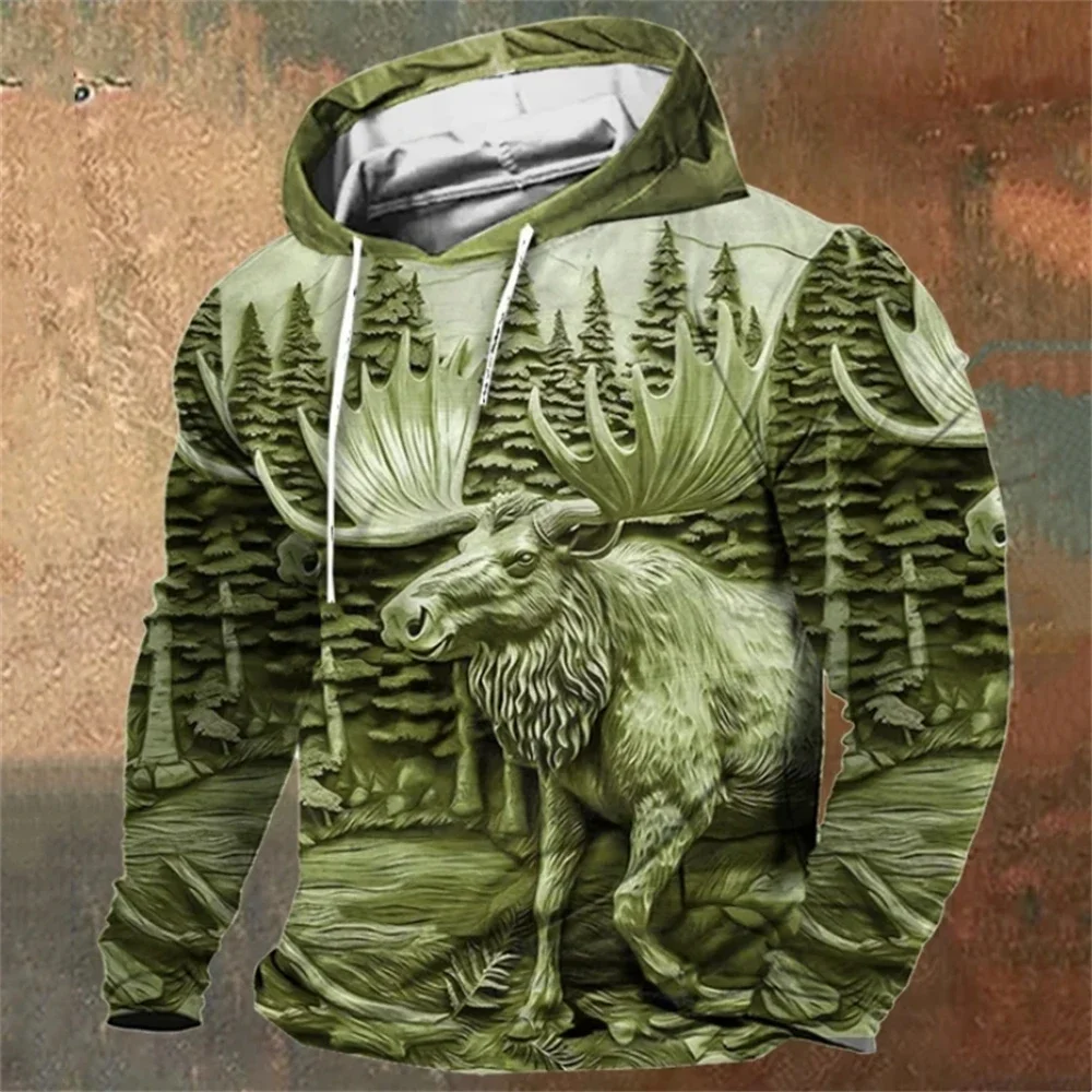 2024 Vintage Elk Print Hoodies For Men Fashion Autumn Men's Hooded Street Trend Hoody Pullover Retro Casual Loose Oversized Tops