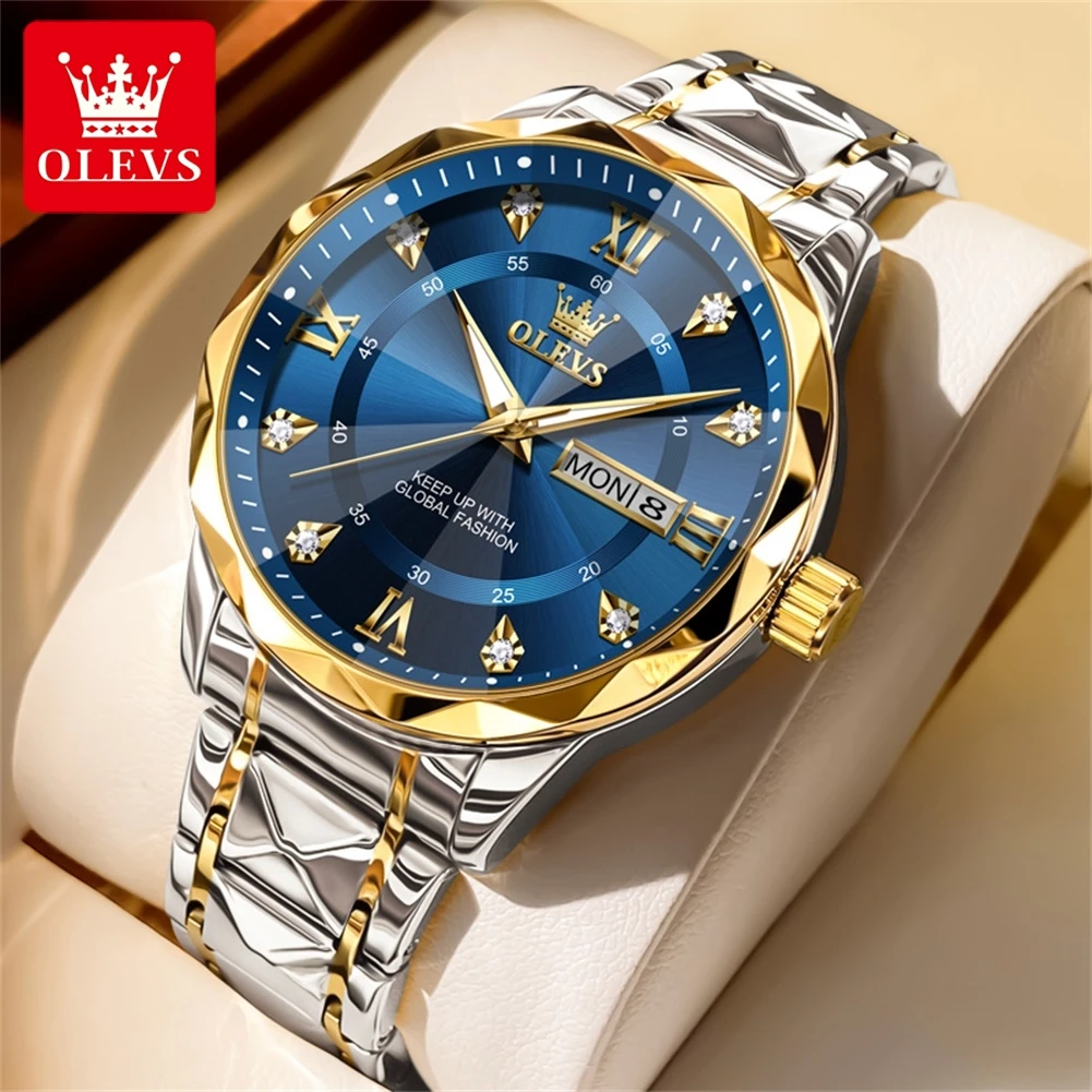 OLEVS Man Watch Top Luxury Brand Quartz Watches for Men Fashion Rhombus Mirror Hand Clock Dual Calendar Business Mens Wristwatch