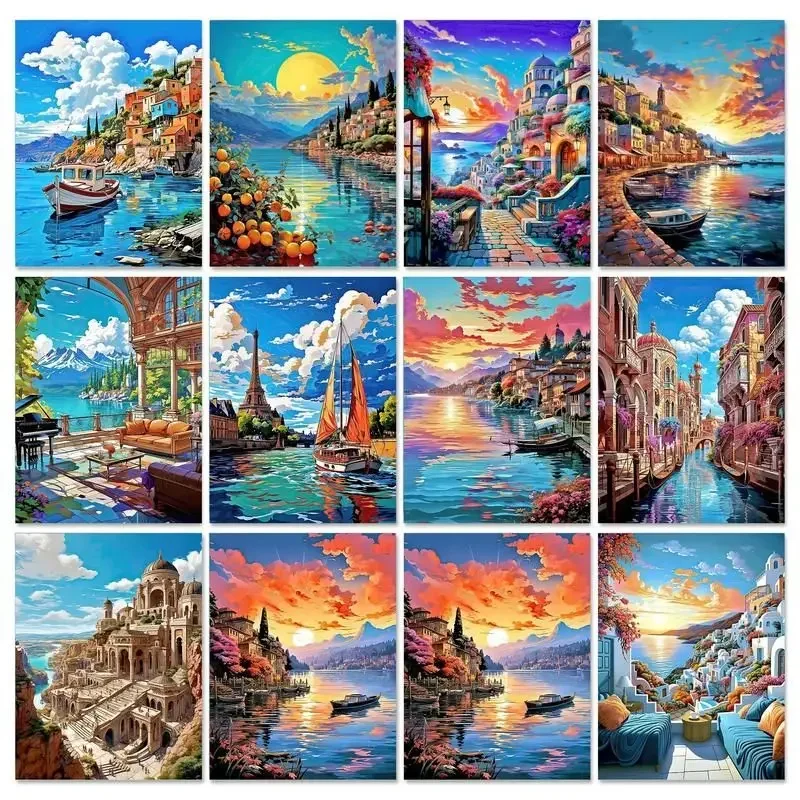 

473834 Oil Painting By Numbers Seaside Scenery Adults Crafts Gift Wall Art Acrylic Paints Pictures Drawing On Canvas Diy Set