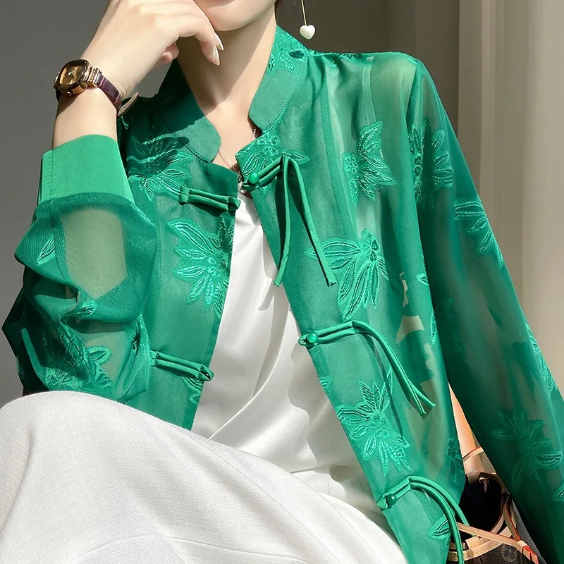 

Sun Protection Shirt Women New Chinese Style Tang Clothes Mesh Coat Qipoa Vintage Button Down Top Loose Jacket Plus Size 6XL