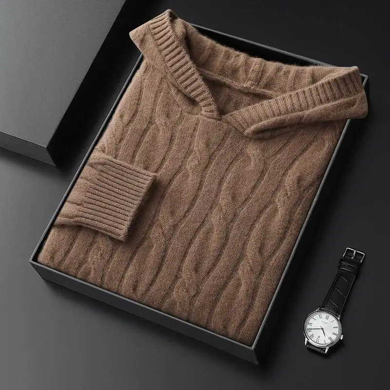 

CHICUU Роскошный 100% кашемировый свитер, мужской пуловер с капюшоном, вязаный толстый теплый кашемировый трикотаж, осенне-зимний джемпер, одежда