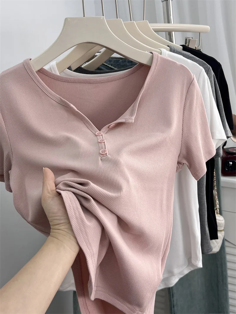 

Slim Fit Short Sleeve V-Neck T-Shirt Women's Summer Design Sense round Neck Cotton Polyester Blend Comfortable Top