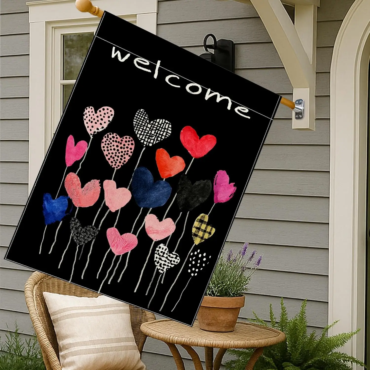 Hearts House Flag, Modern Playful Stems Patterns Spring Peach Double Sided Burlap Outside Large Garden Flag for Outdoor Pati IIC