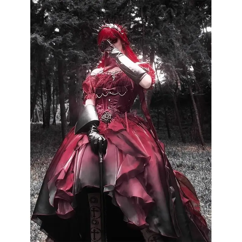 

Japan Halloween Red Floral Wedding Dress Lolita Dress Suit Lolita Heavy Industry Trailing Fluffy Princess Dress For Women