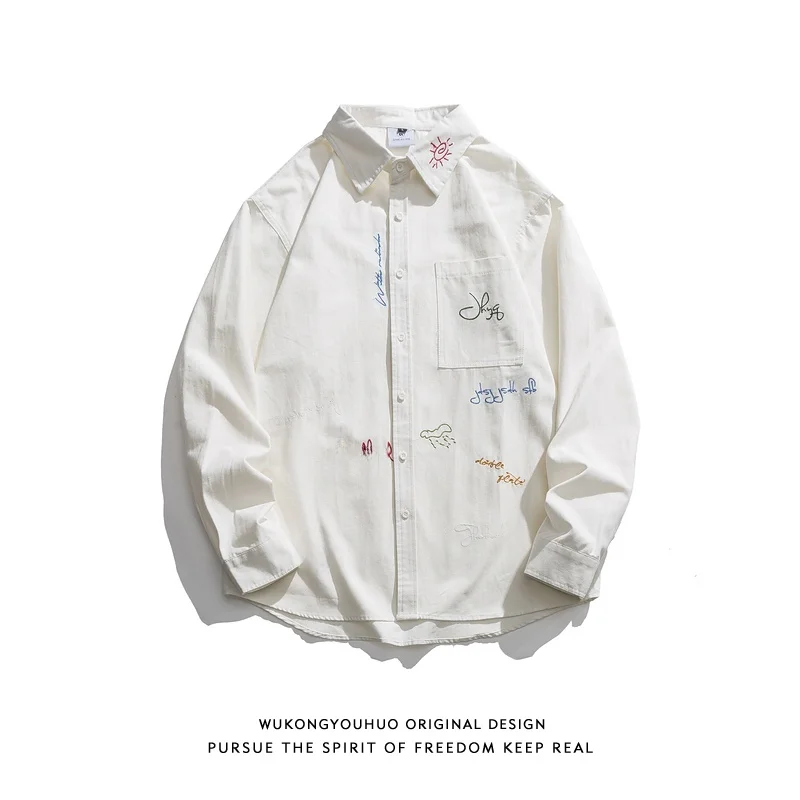 

Loose Long Sleeve Embroidered Letter Shirt Men's Vintage Streetwear Casual BF Style Youthful Trend Autumn Season Regular Fit