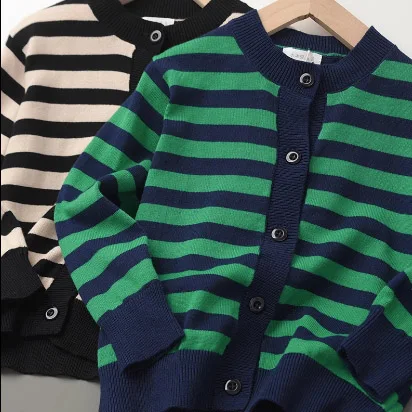 Cárdigan de punto a rayas para niños y niñas, abrigo de suéter suelto informal, ropa