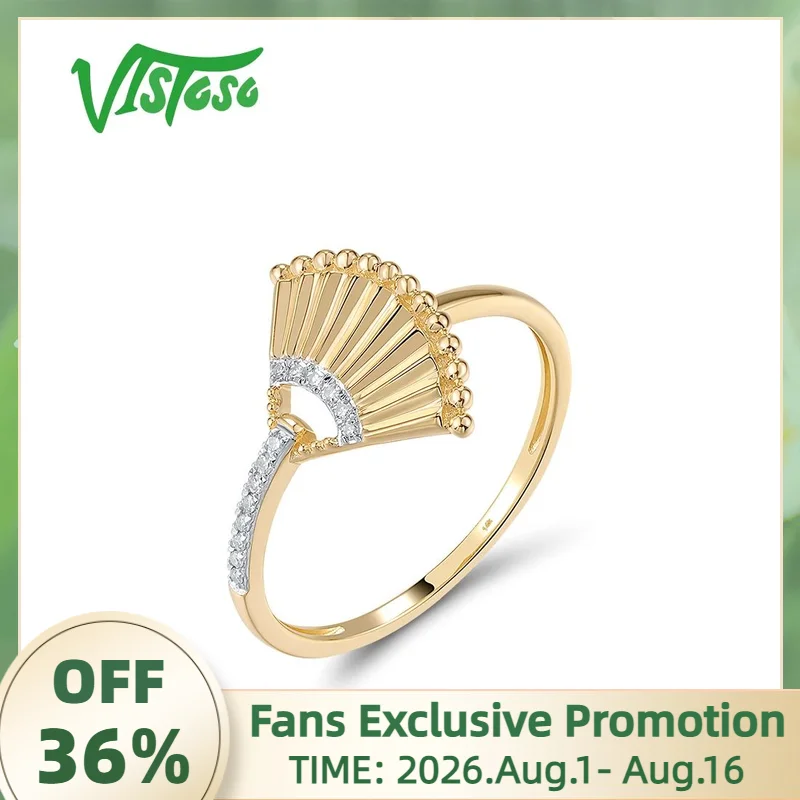 VISTOSO Pure 14K 585 Yellow Gold Ring For Women Sparkling Diamonds Elegant Fan Shape Wedding Anniversary Bride Fine Jewelry