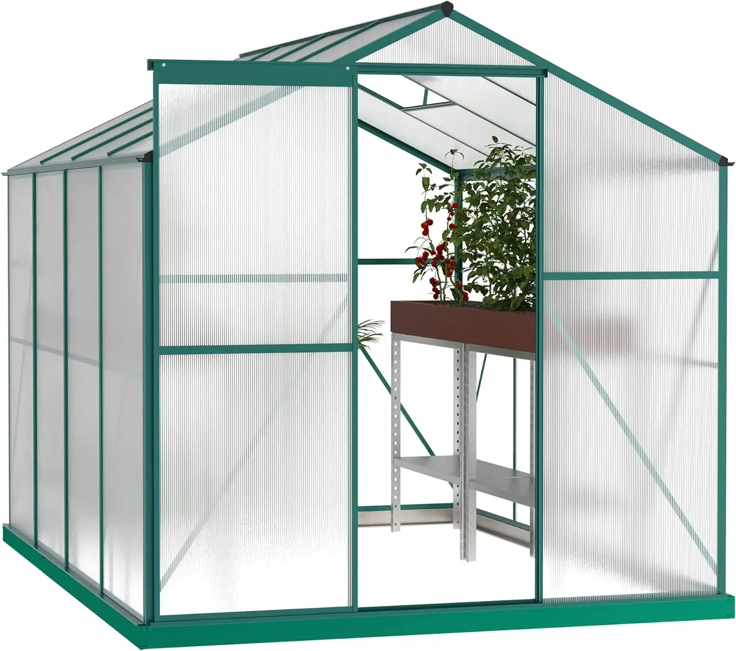 6x8 FT Polycarbonate Walk in Greenhouse, Enhance Green House w/ Sliding Door and Adjustable Roof, Upgraded Stability & Drainage