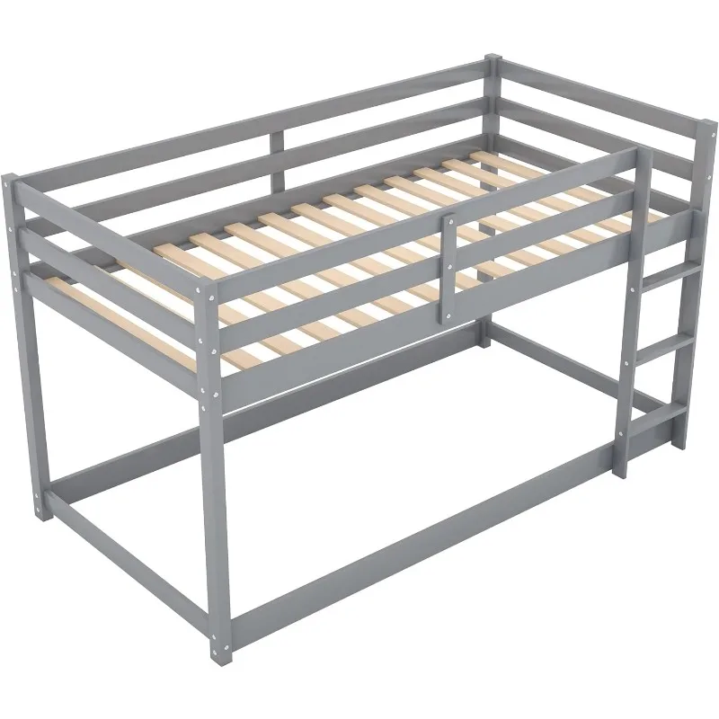 Bunk Bed Twin Over Twin, Floor Bunk Bed w Ladder, Safety Guard Rails, 400LBS Heavy Duty Wooden Twin Bunk Beds