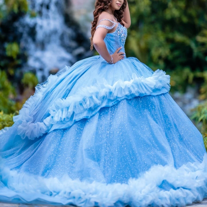 

Небесно-голубое блестящее платье Quinceanera с открытыми плечами и бисером, многоуровневое тюлевое платье для вечеринки, дня рождения, сладкое платье 16, Vestidos 15 De