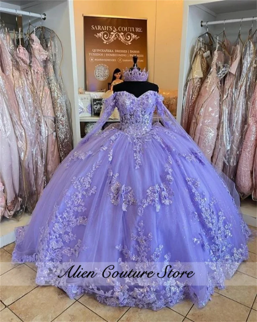 Lavender Purple Quinceanera Dresses Appliques Crystal Ball Gown 2024 Birthday Party Gowns Vestidos De 15 Long Sleeves