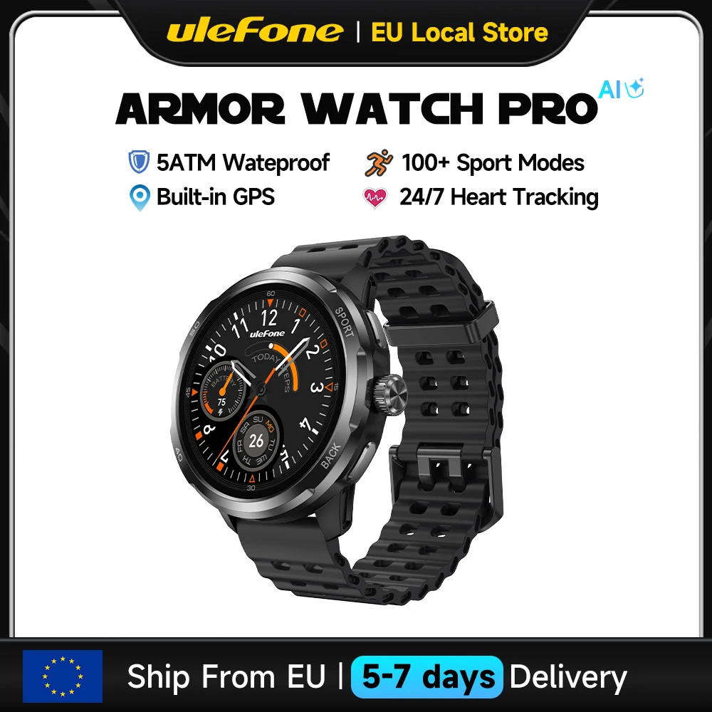 Ulefone Armor Watch Pro Robuuste Smartwatch 1.5" AMOLED Outdoor GPS-horloge, hartslagmeter, 5ATM waterdichte sport fitness tracker