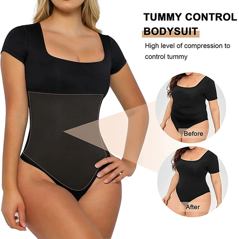 Plus Size Seamless Tummy Control Thong Bodysuit Short Sleeves Square Neck Shapewear Women Slimming One-Piece Sculpting Jumpsuits