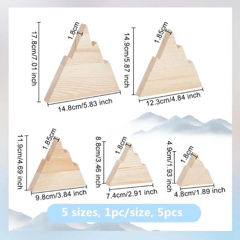 5 قطعة 5 أحجام كتل خشبية غير مكتملة على شكل جبل 18 مللي متر جبل سميك قطع خشبية فارغة صينية خشبية غير مكتملة خشبية