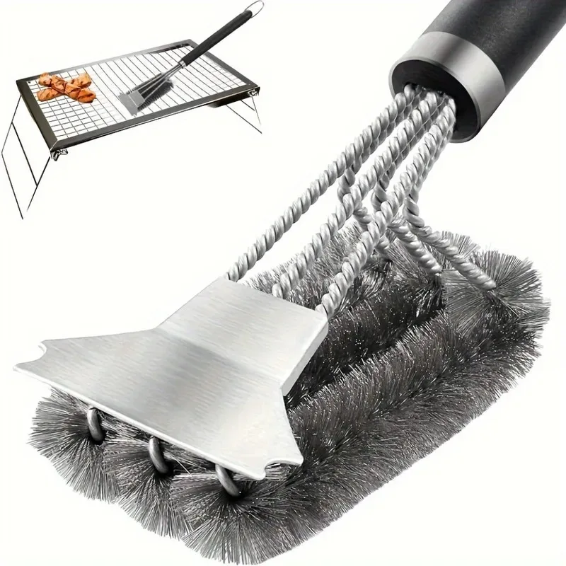 1pcs Wire Bristles BBQ Brush and Scraper Triple Scrubber Safe Efficient Grill Clean Brush for Outdoor Barbecue Essential Tools