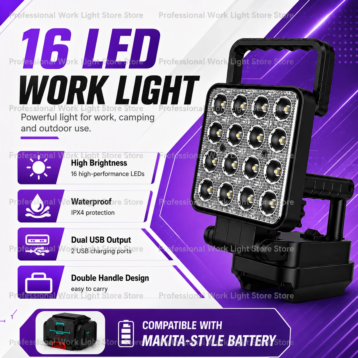 4-inch LED Work Light, Battery-Powered Flashlight, Compatible with Makit-a battery, Dual Handles, Waterproof